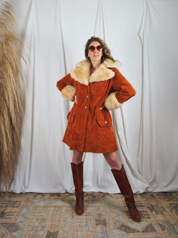 Sienna Color, Faux Collar, Faux Fur Trim Coat, Fur Trim Coat, Suede Coat, Large Bust, Collar And Cuff, Fur Trim, Vintage Boutique