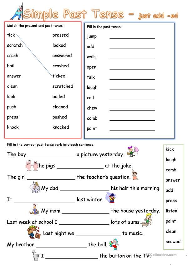 the simple past tense worksheet is shown with pictures and words to help students learn how