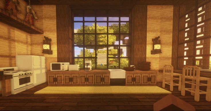 Minecraft kitchen with refrigerator, warm tones, modern appliances, barstools, and big windows. Mizunos 16 Craft, Mizunos CIT, ans GhoulCraft Minecraft Kitchen No Mods, Minecraft Big Kitchen Ideas, Big Minecraft Kitchen, Big Kitchen Minecraft, Cute Minecraft Interior Kitchen, Minecraft Big Window Design, Minecraft Modded Kitchen, Kitchen Minecraft, Big Kitchen Ideas