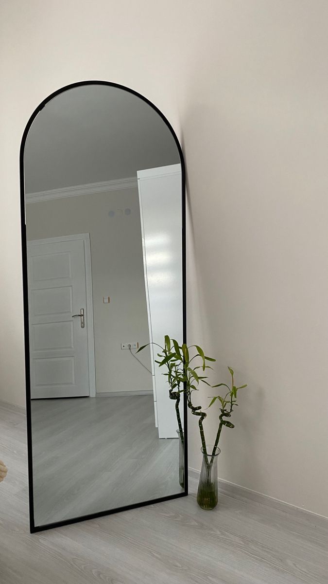 a mirror sitting on top of a wooden floor next to a plant