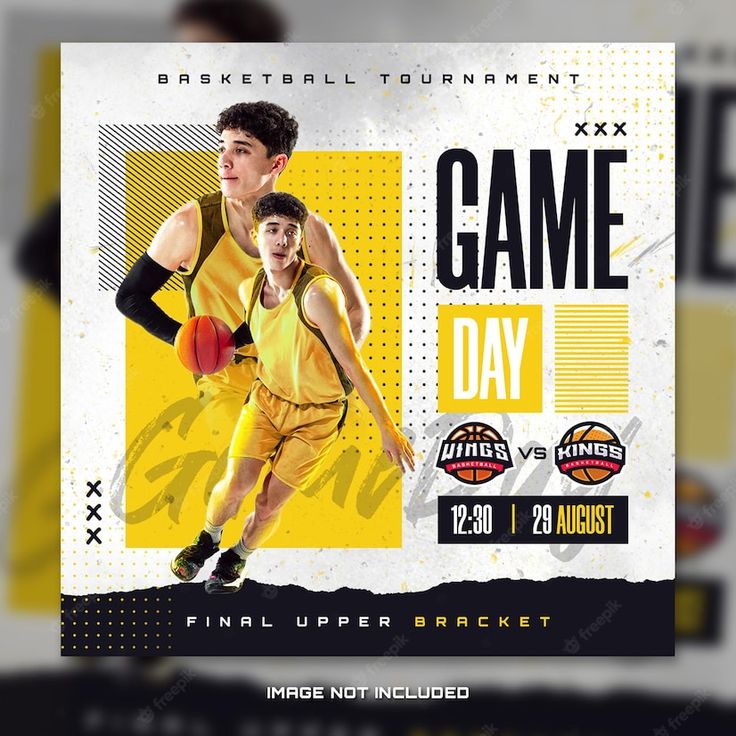 the basketball tournament flyer is designed to look like it has an image of two men in yellow