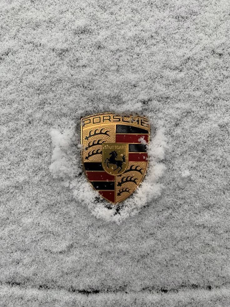 a porsche emblem is covered in snow