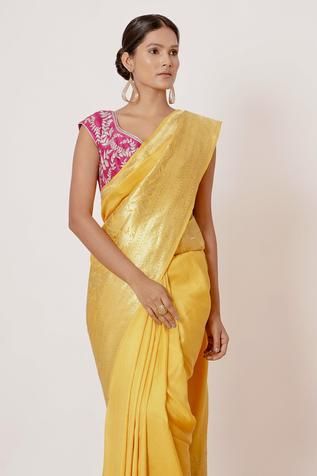 Shop for Aharin Yellow Cottonshantoon Pure Banarasi Silk Saree With Blouse for Women Online at Aza Fashions Yellow Blouse With Resham Embroidery For Puja, Festive Yellow Chikankari Embroidery Blouse, Yellow Blouse With Traditional Drape, Traditional Yellow Blouse With Chikankari Embroidery, Transitional Yellow Blouse With Traditional Drape, Yellow Slub Silk Traditional Wear With Unstitched Blouse, Yellow Blouse With Zari Work For Eid, Yellow Pre-draped Saree With Chikankari Embroidery For Festivals, Fitted Yellow Pre-draped Saree With Zari Weaving