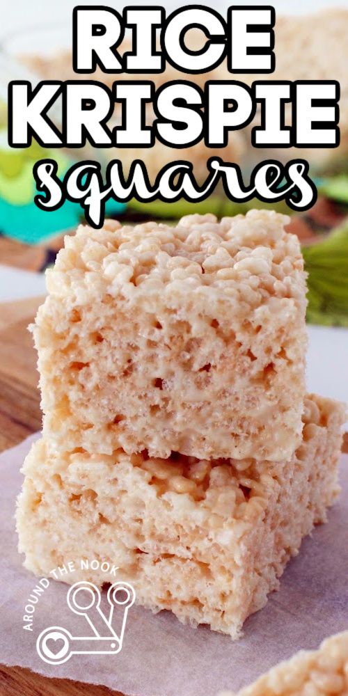 two easy rice Krispie squares stacked on parchment paper, with a title Soft Rice Krispie Treats, Rice Krispie Treats Original Recipe, Rice Crispy Squares, Homemade Rice Krispies, Rice Krispie Bars, Homemade Rice Krispies Treats, Rice Krispie Squares, Ms Recipes, Rice Krispie Cereal