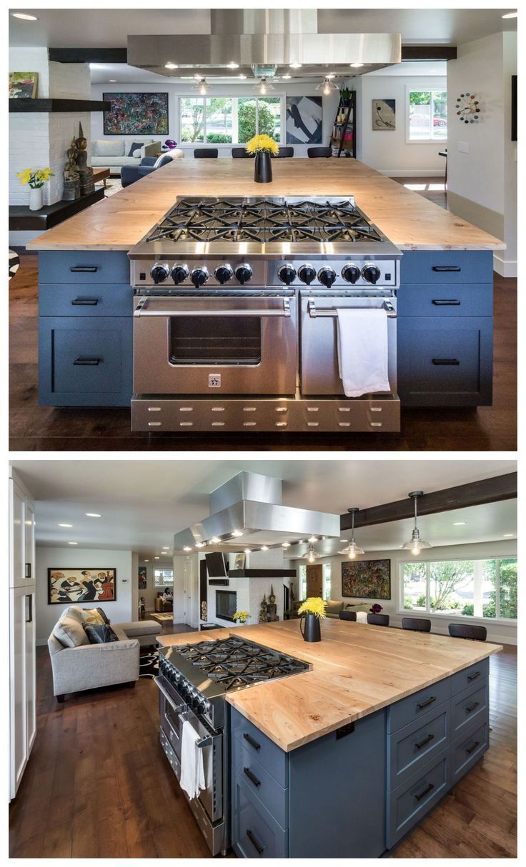 two pictures of a kitchen with an island and stove