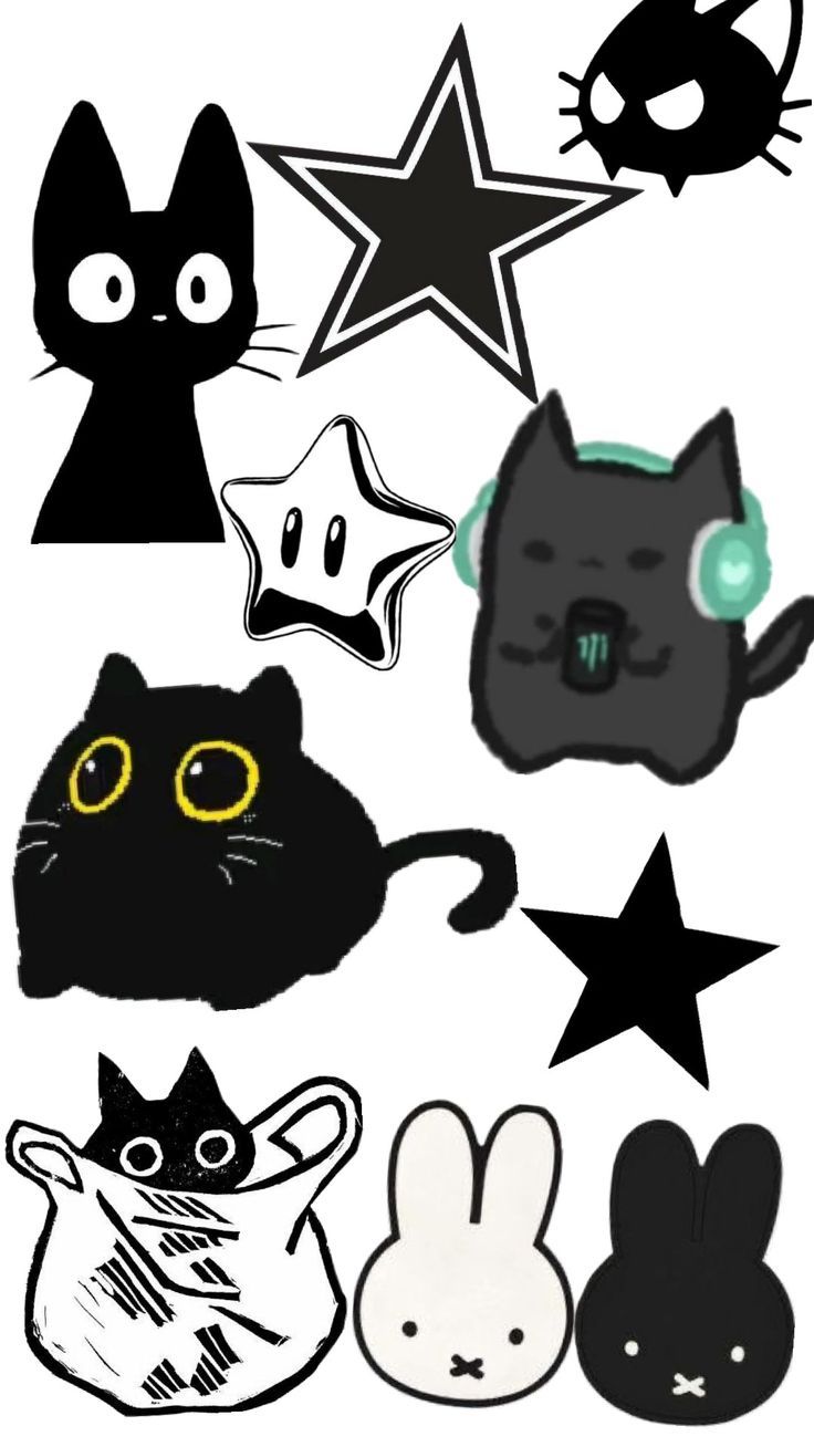 some black and white cats and stars on a white background