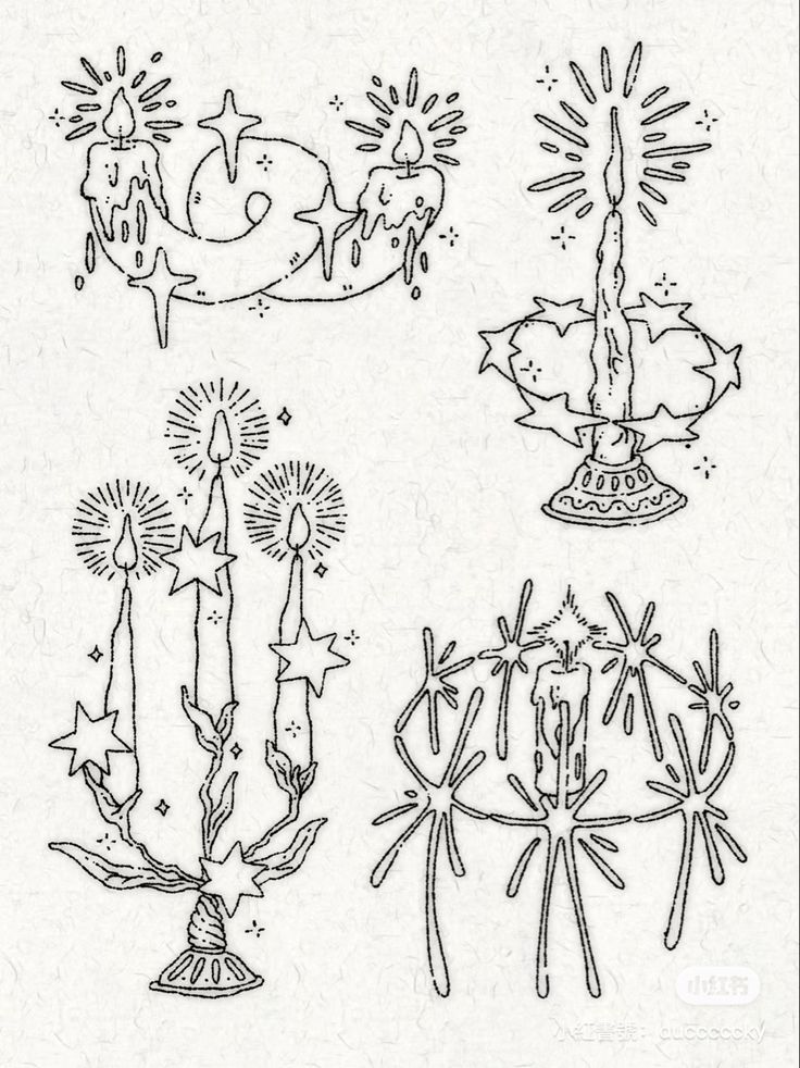 four different types of candles with stars and fireworks on them, all drawn in black ink