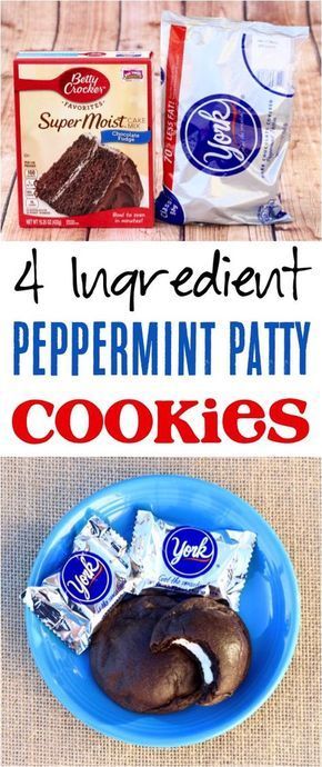 four ingredient peppermin patty cookies on a blue plate with the words, 4 ingredients