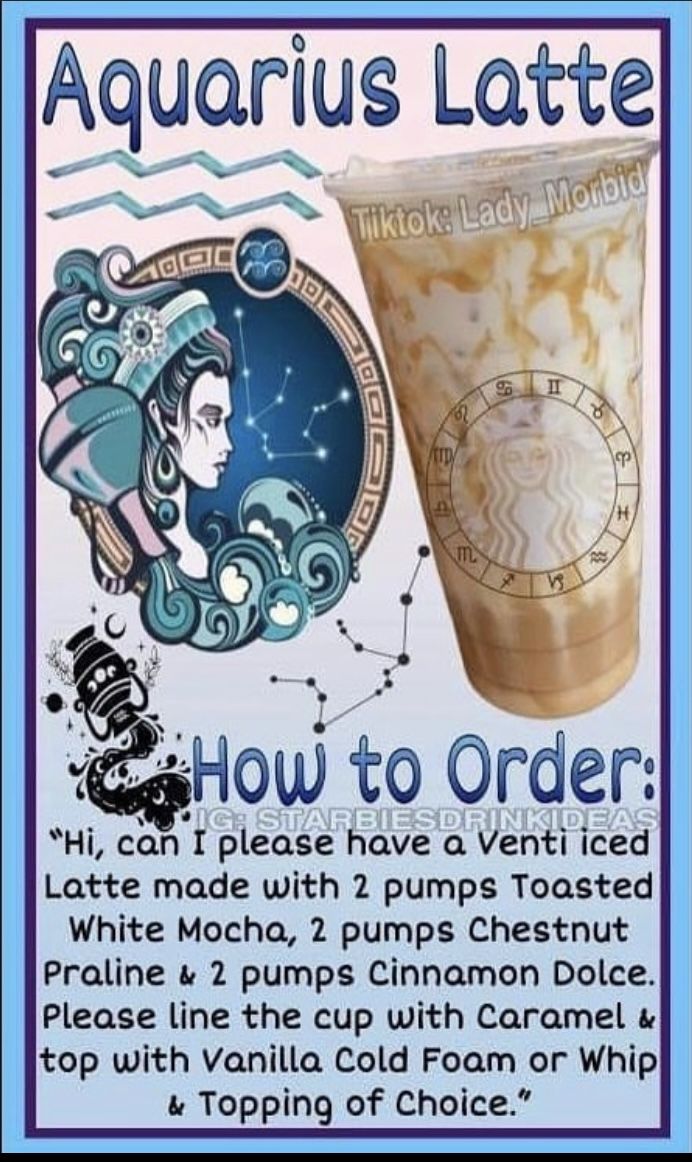 an ad for aquarius latte with instructions on how to order and what to drink