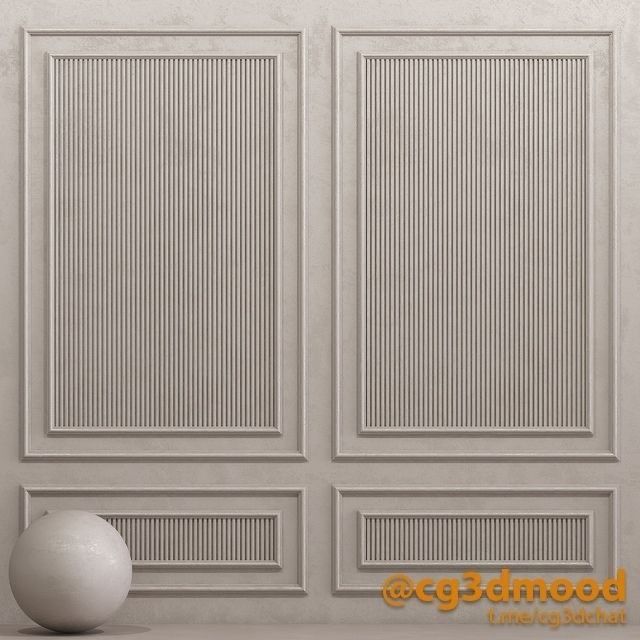 a white ball sitting in front of a wall with three paneled panels on it