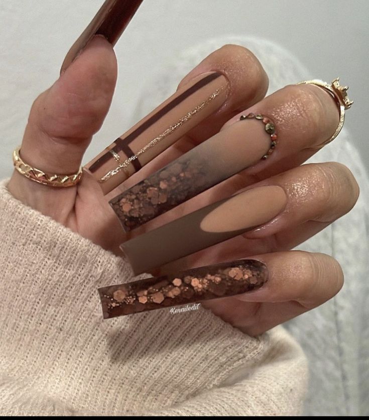 Fall Inspired Nails Square, Brown Long Nails Acrylic, Fall Long Nails Ideas 2023, Fall Nails 2023 Long Square, Fall Nails 2023 Brown, November Acrylics, Long Fall Nails Acrylic, Xl Fall Nails, Fall Nails Square Long