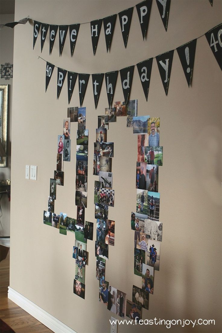 a birthday banner with photos hanging from it