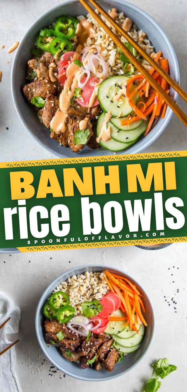 the cover of banh mi rice bowls with chopsticks