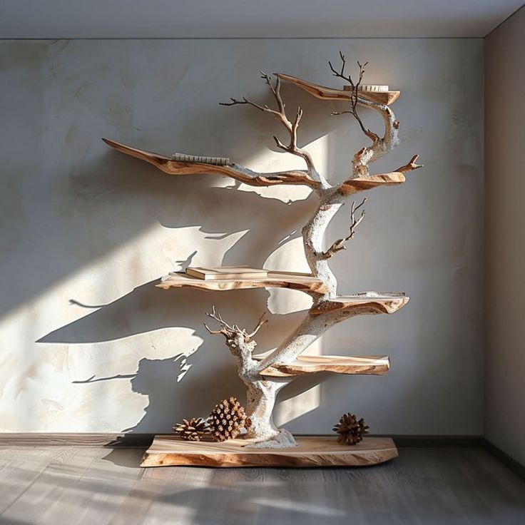 a tree made out of driftwood in a room