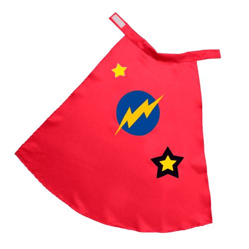 a child's red cape with lightning and stars on the front, attached to a white background