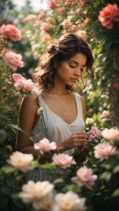 a woman standing in the middle of roses