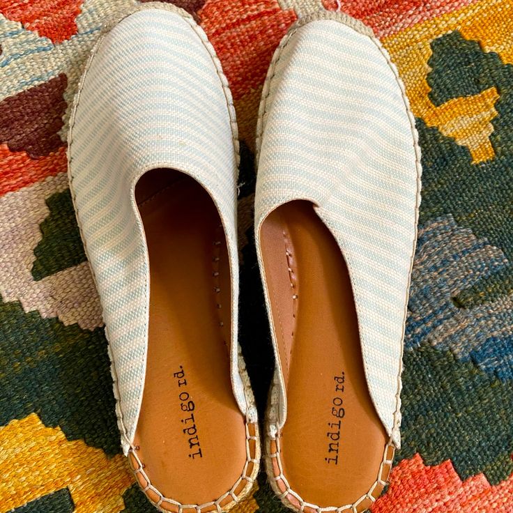 Espadrilles, New Without Tags, Striped Light Blue/Offwhite Size: 8.5 Womens White Slip-ons For Beach In Spring, White Slip-ons With Textured Footbed For Summer, White Low-top Summer Flats, Blue Textured Sole Slip-ons For Spring, White Casual Slip-ons For Beach, White Casual Beach Slip-ons, Casual White Flats For Spring, Trendy White Espadrilles With Woven Sole, Comfortable Blue Slip-on Espadrilles