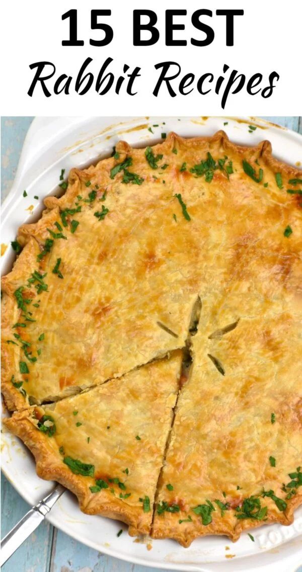 an image of a pie with the words 15 best rabbit recipes on top and below it