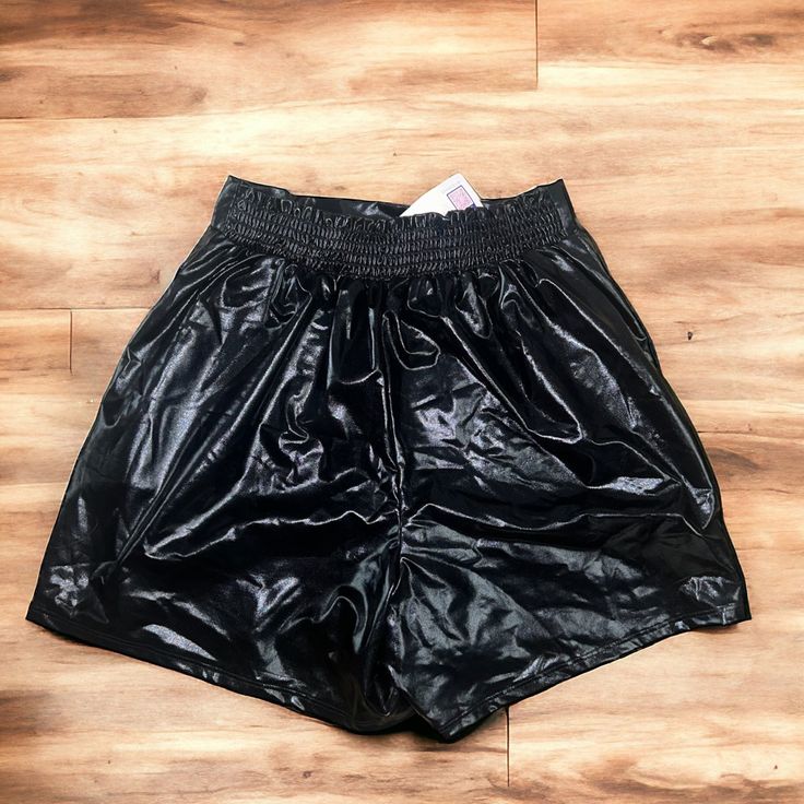 Cute Leather Shorts Brand New With Tags Size Medium Summer Faux Leather Bottoms For Going Out, Black Faux Leather Bottoms With Elastic Waistband, Black High Waist Faux Leather Shorts, High Waist Black Faux Leather Shorts, Faux Leather Bottoms With Elastic Waistband For Night Out, Night Out Faux Leather Bottoms With Elastic Waistband, Casual Faux Leather Shorts For Party, Casual Faux Leather Party Shorts, Black Shorts With Elastic Waistband For Fall