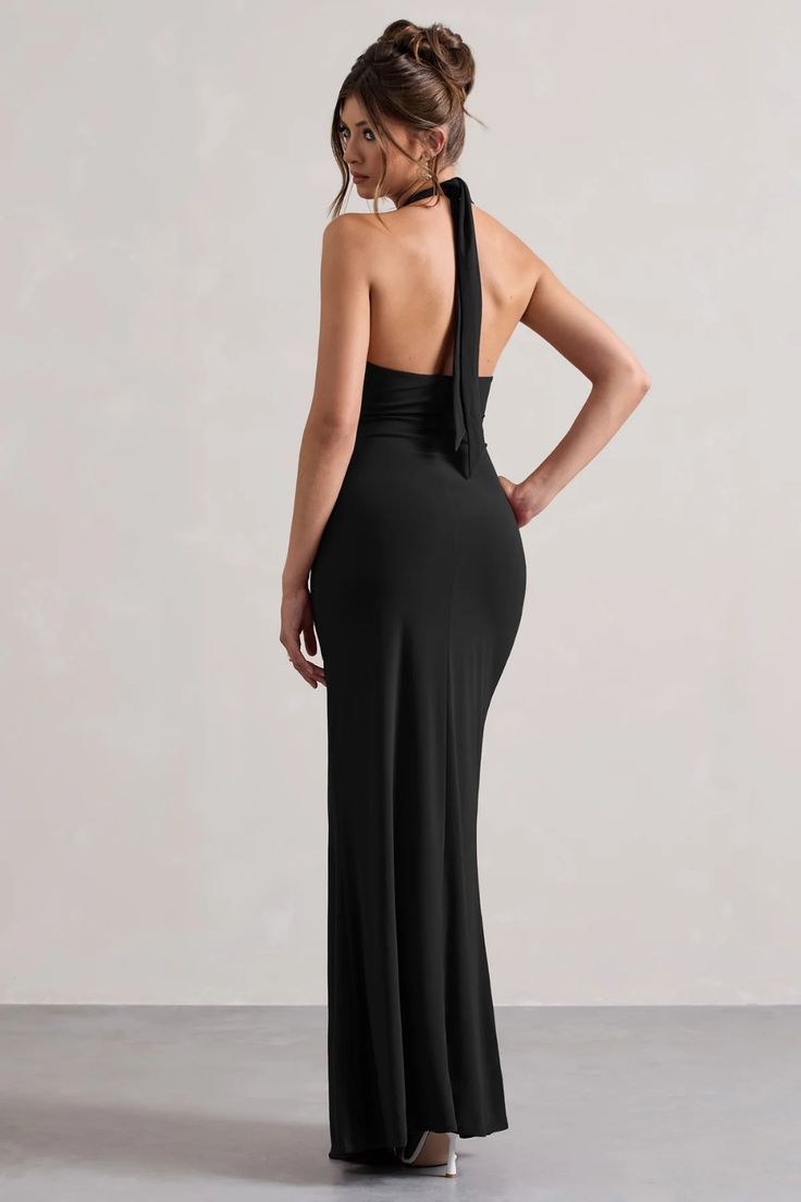 Payton Black Ruched Halter-Neck Maxi Dress – Club L London - USA Maxi Length Dress With Ruched Back, Stretch Maxi Dress With Ruched Back For Gala, Elegant Stretch Maxi Dress With Ruched Back, Formal Stretch Maxi Dress With Ruched Back, Black Ruched Halter Neck Maxi Dress, Fitted Black Maxi Dress With Ruched Back, Sleek Ruched Maxi Dress, Stretch Maxi Dress With Ruched Back, Evening Halter Neck Ruched Maxi Dress