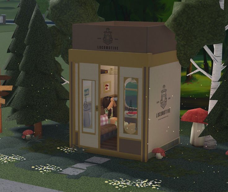 an animated image of a woman opening the door to a small house with mushrooms on the ground