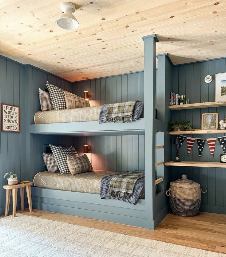 two bunk beds in a room with blue walls and wood flooring on the side