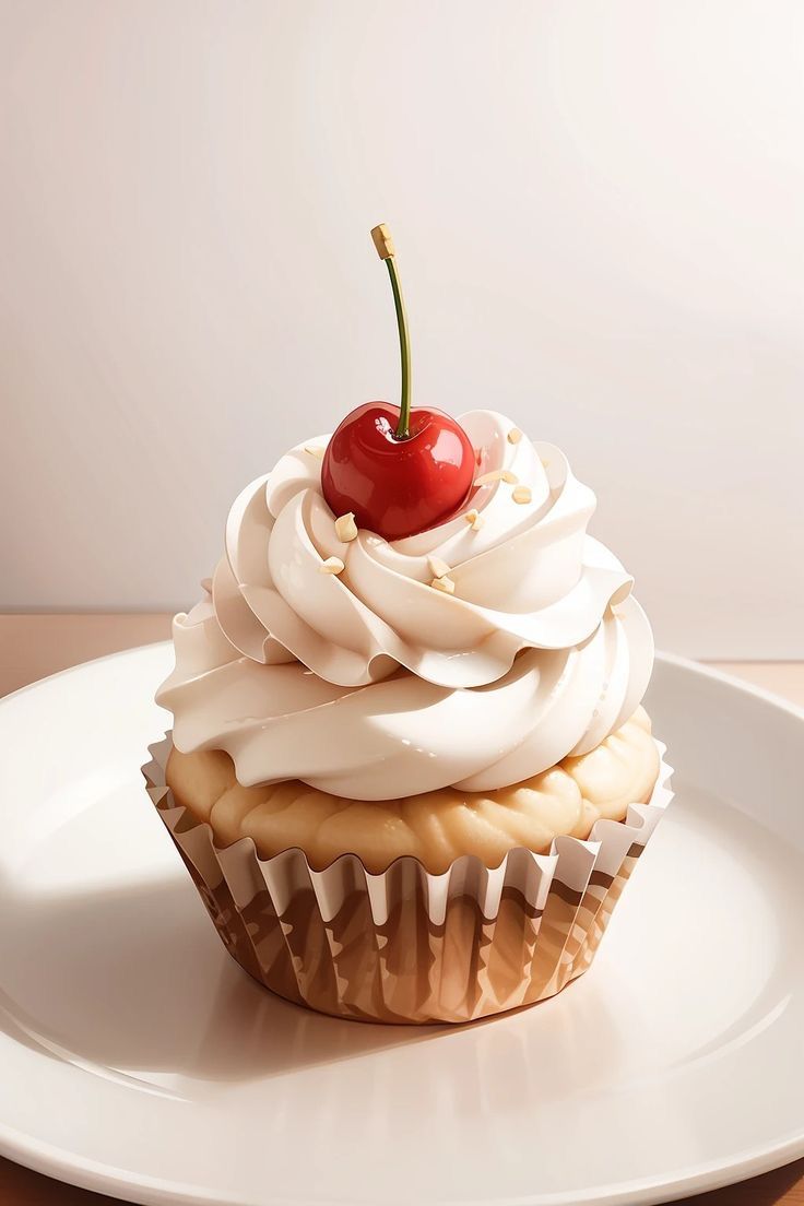 a cupcake with white frosting and a cherry on top is sitting on a plate