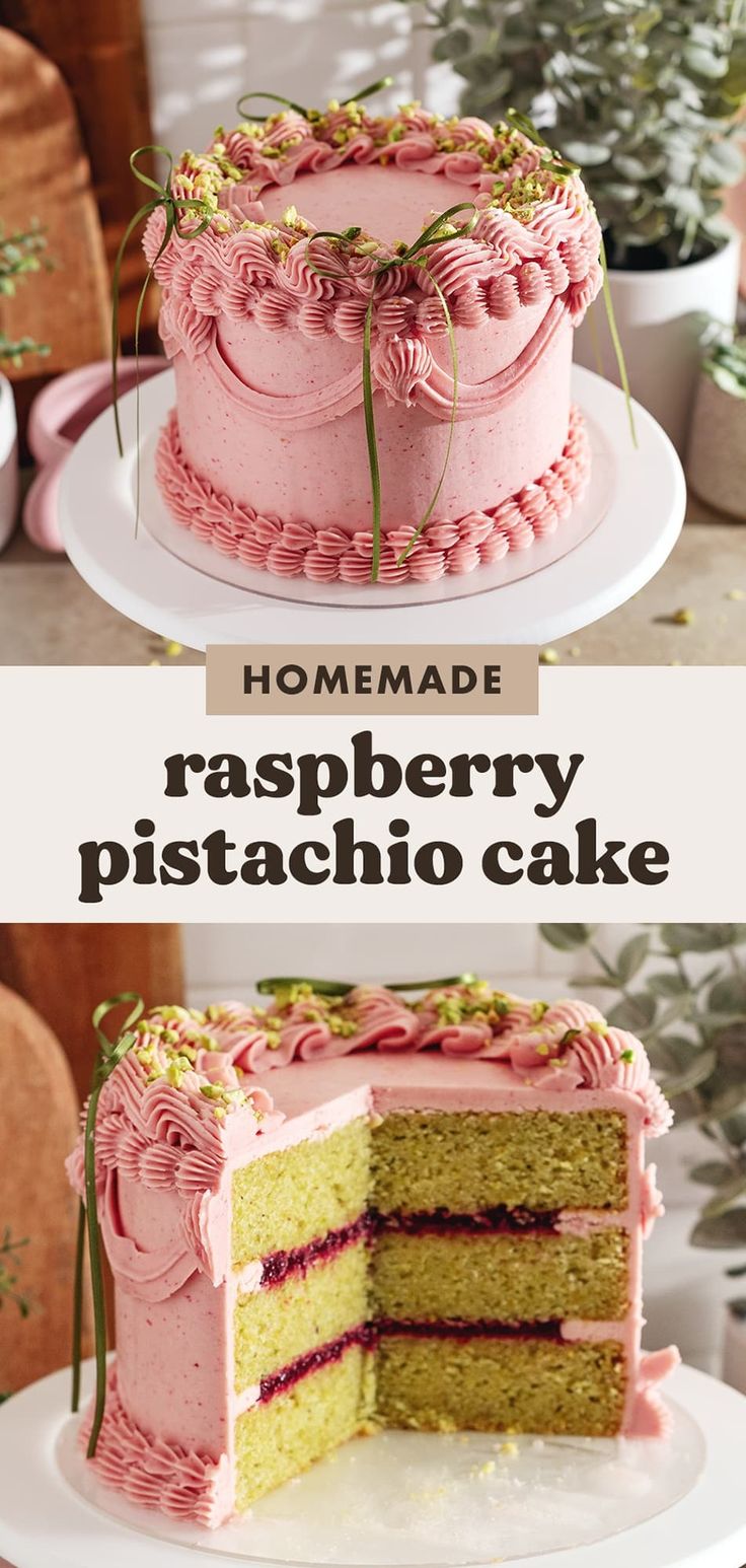 two different types of raspberry pistachio cake with the words homemade on top