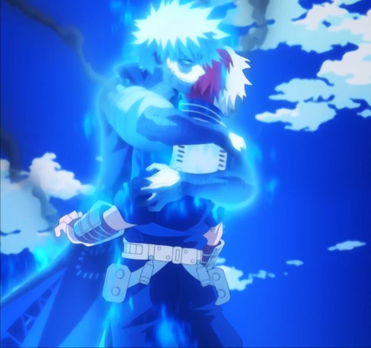 an animated image of a man with blue hair and white eyes standing in front of clouds