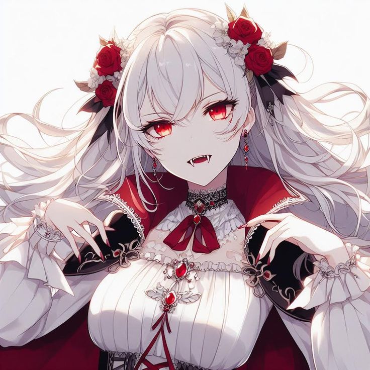 an anime character with long white hair and red eyes, wearing a gothic outfit that has flowers in her hair