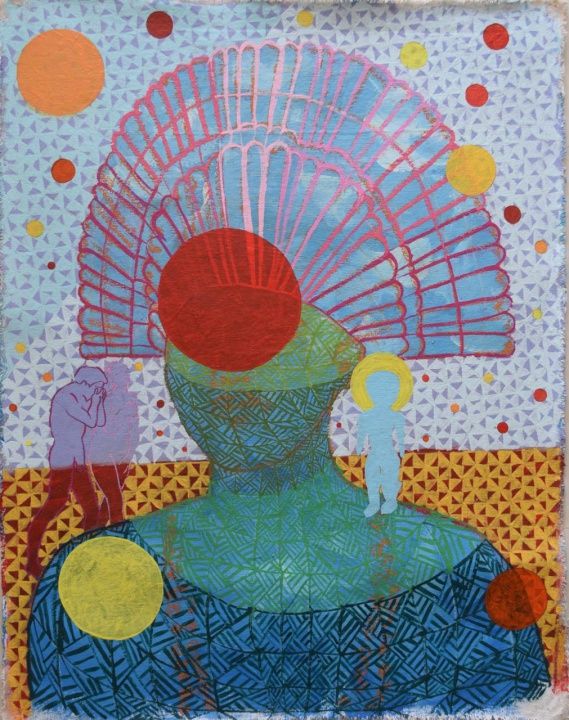 a painting with an image of a woman's head and colorful circles around it