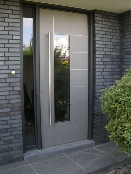 the front door to a modern home with glass panels and sidelights on either side