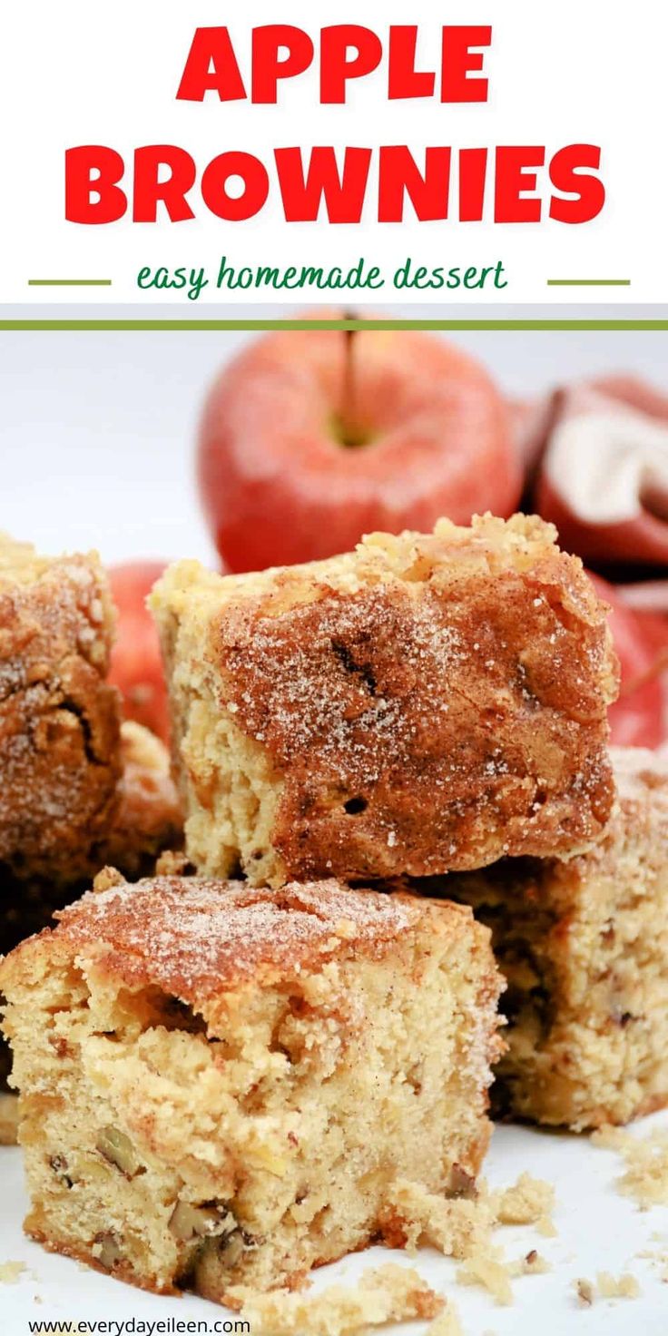 apple brownies stacked on top of each other with apples in the background and text overlay