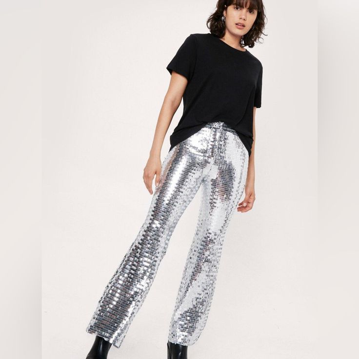 Nwt Nasty, Gal, Premium, Sequin Flare, Pants Zipper Closure Silver Sequence Size 4 Festival, Beautiful Pants!‘S Party Season High-waisted Wide Leg Pants, High Waist Disco Bottoms For Fall, Fall Disco Wide Leg Pants, Fall Disco Wide-leg Pants, Summer Disco Full Length Pants, Disco Style Full Length Summer Pants, Casual Party Pants With Sequins, Disco Style Wide Leg Pants For Party Season, Trendy High Waist Bottoms For Party Season