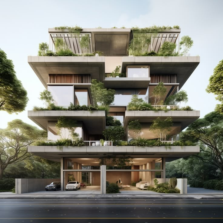 an apartment building with many balconies and plants growing on the top of it