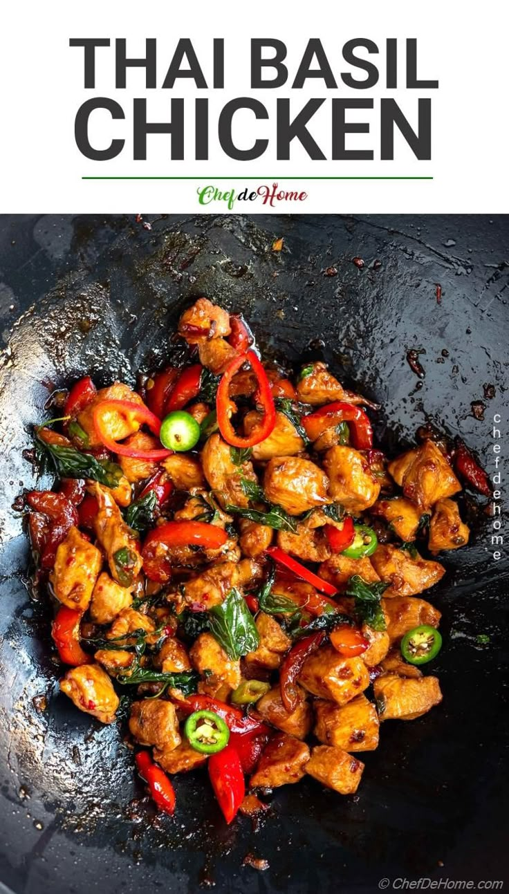 thai chicken in a wok with red peppers and green onions on the side text reads, thai basil chicken