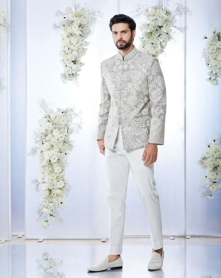 Grey Sequin Bandhgala Set | Seema Gujral | Panache by Sharmeen Tuscan Summer, Prince Suit, Wedding Outfits For Family Members, Men's Outfits By Pattern, Wedding Kurta, Wedding Kurta For Men, Prince Coat, Sangeet Outfit, Men's Wedding Outfit