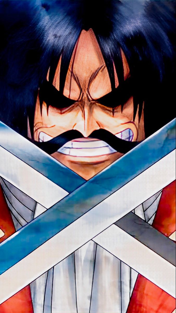 an anime character with black hair and mustaches holding two swords in front of his face