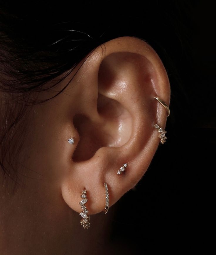 a woman's ear with three different piercings on her left side and two smaller ones in the middle