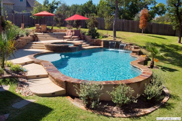 a backyard with a pool and patio furniture