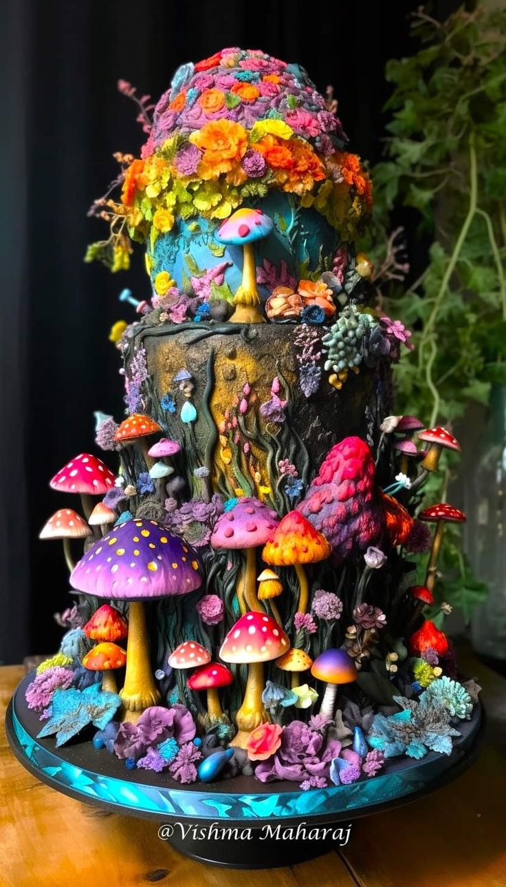 a colorful cake with lots of mushrooms on it