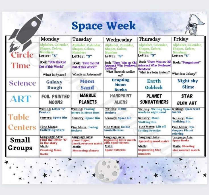 the space week calendar is shown in blue and white