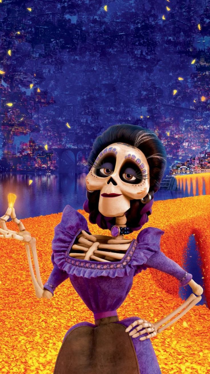 an image of a skeleton in purple dress holding a lit candle and looking up at the sky