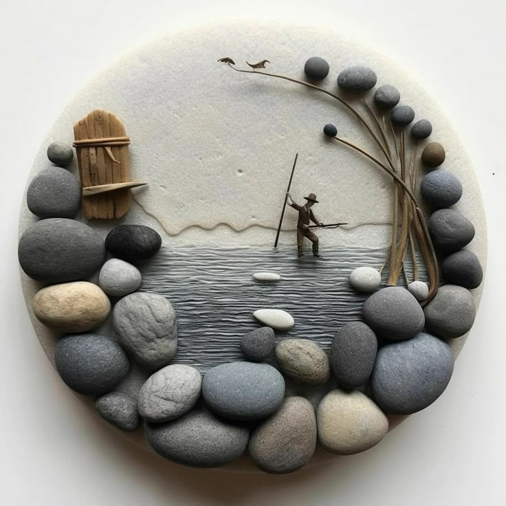 there is a rock art with a man fishing on the water and rocks around it