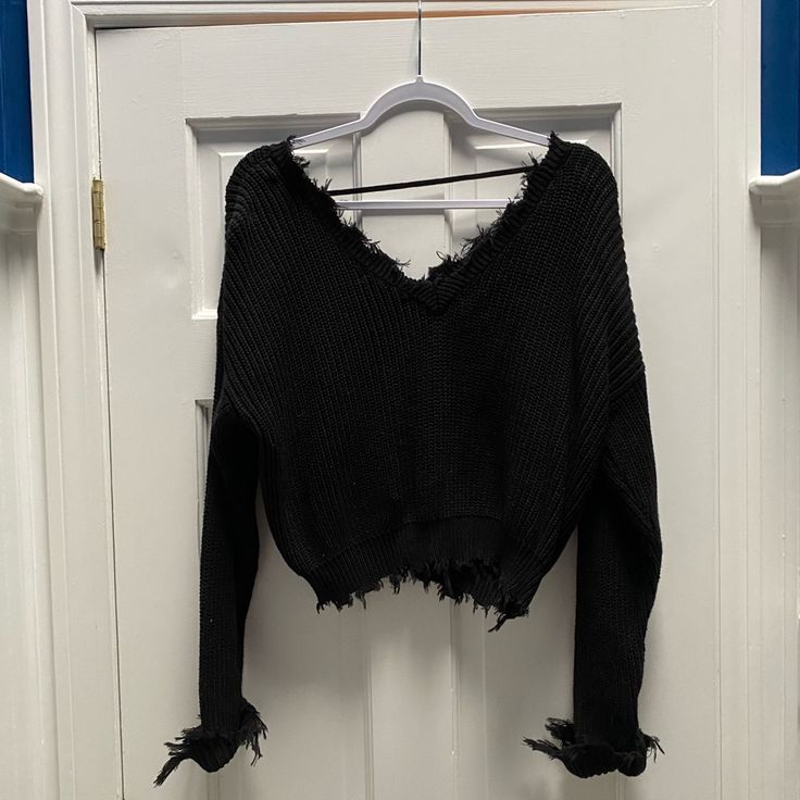 Never Worn Black Tops With Frayed Hem For Fall, Black Tops With Frayed Hem For Spring, Edgy Black Top With Frayed Hem, Cropped Sweater, Colorful Sweaters, Dream Closet, Sweaters For Women, Womens Sizes, Outfit Inspo