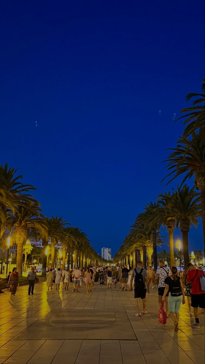 many people are walking down the street at night with palm trees on either side of them