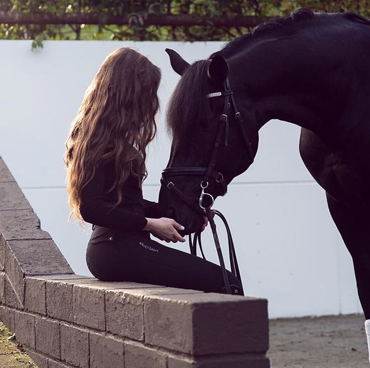 a woman is sitting on a ledge next to a horse and petting it's head