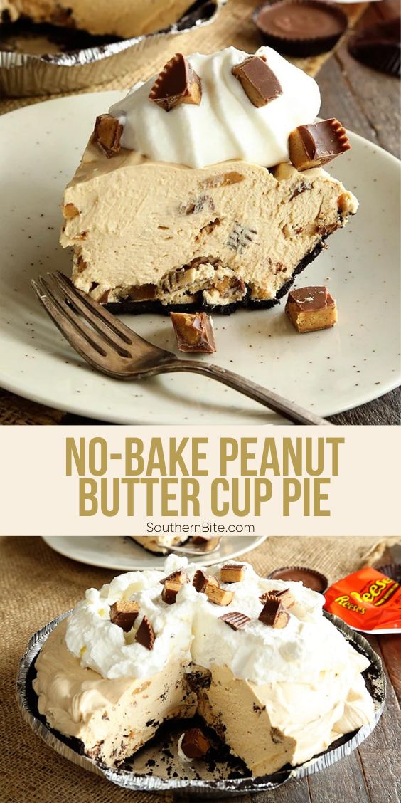 no - bake peanut butter cup pie on a plate with a slice cut out