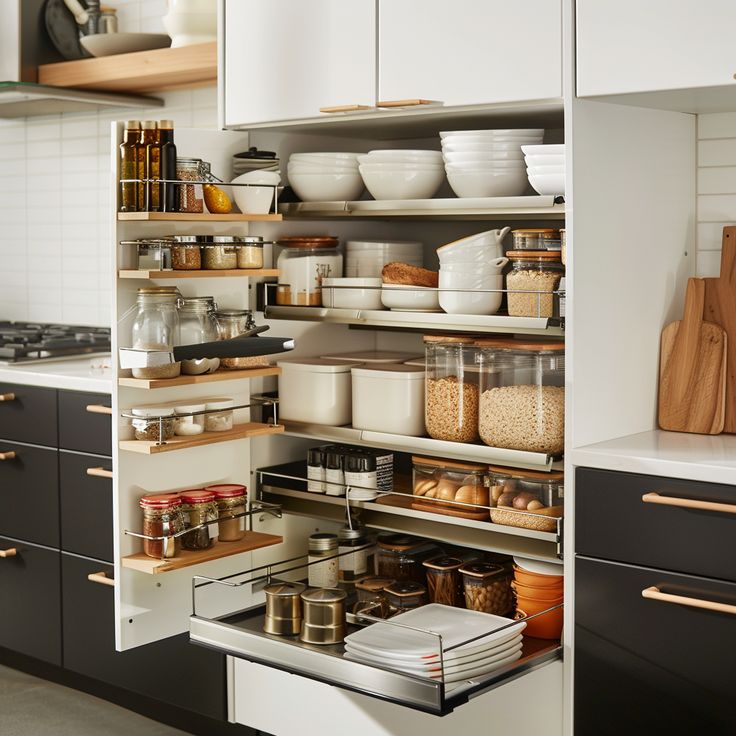 an open cabinet in a kitchen filled with lots of food