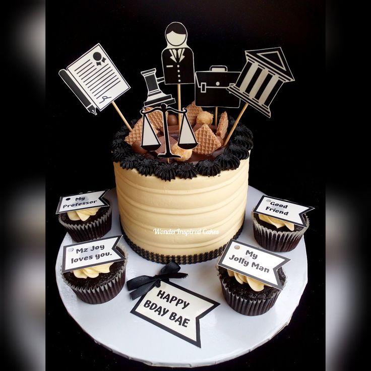 For her Lover, a Lawyer. Black and white buttercream cake, with two cupcakes on either side of the board. 
Cake combines some details of the celebrant's profession, Law, and his personal life with his Love.
I'm fond of this cake and I call it "For Her Learned Bae". Lawyer Birthday Cake Ideas, Law Theme Cake, Cake For Lawyer, Law Cake Ideas, Black And White Buttercream Cake, White Buttercream Cake, Two Cupcakes, Cakes Without Fondant, Boys Cake